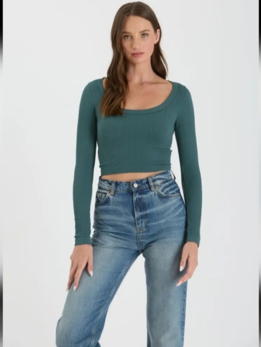 EUC The Workshop "Jade Green Longsleeve Stretchy Ribbed Knit Cropped Top" Medium